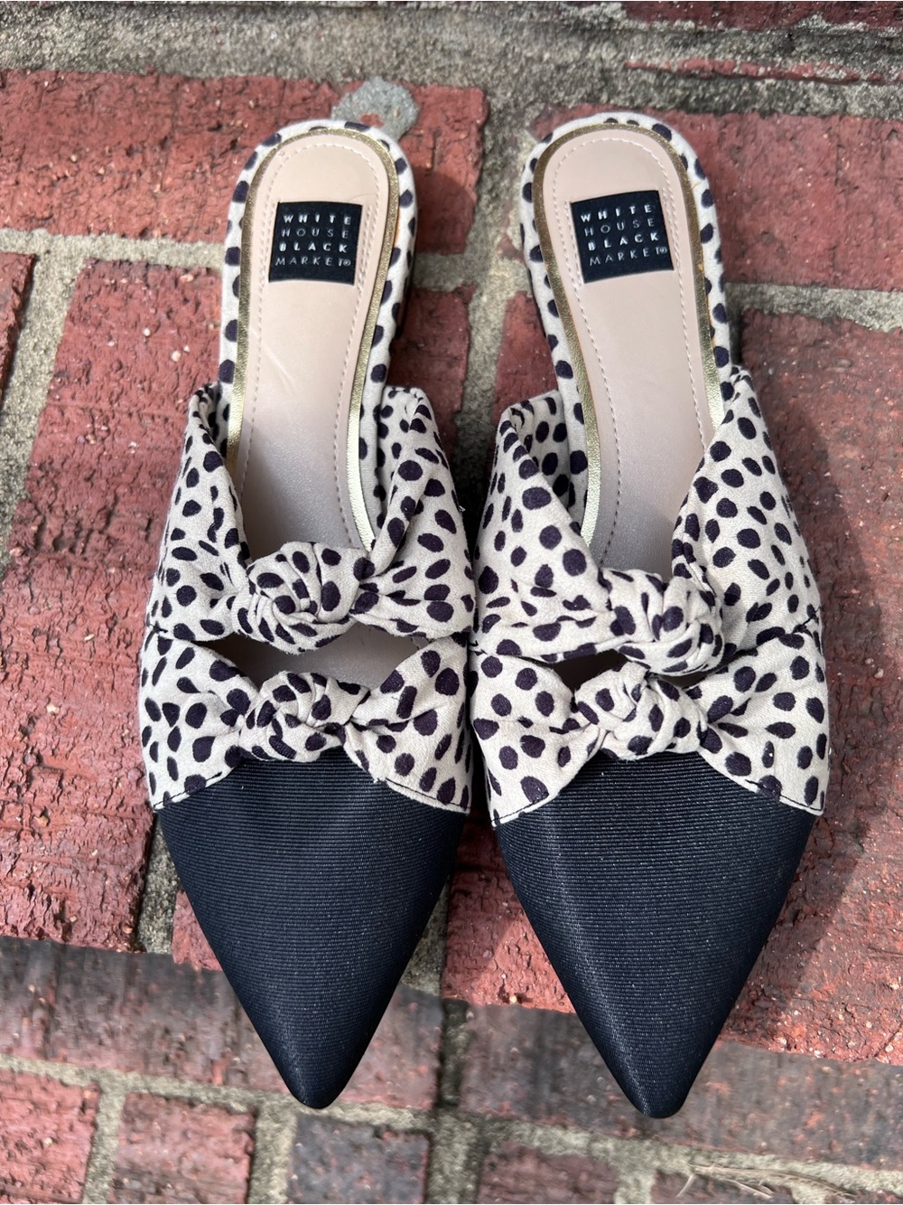 White House Black Market Black & Cream Polka Dot Knot-Front Pointed Mules
